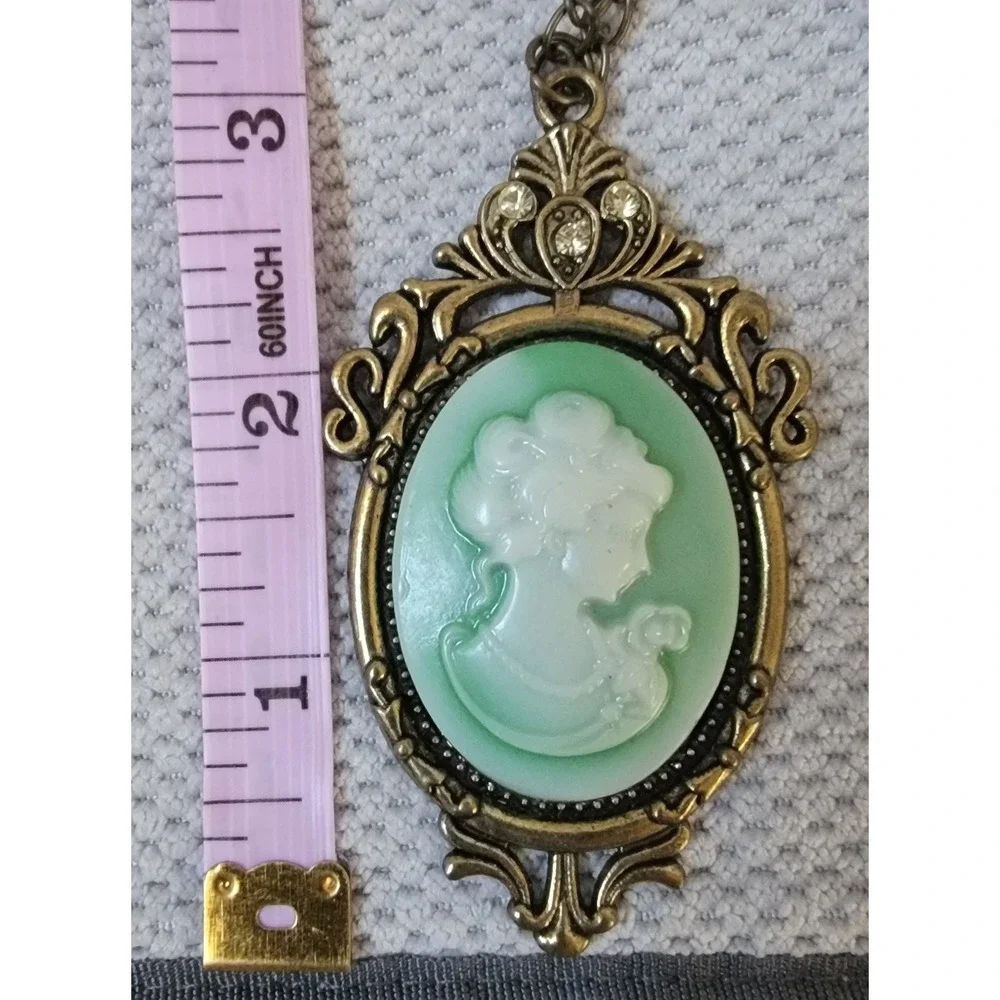 Vintage Style Green Cameo Pendant Necklace Antique Brass Victorian Ornate 27in